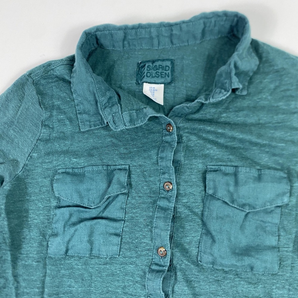 Sigrid Olsen‎ Shirt Womens Medium Green Linen Button Front Long Sleeve Tunic
